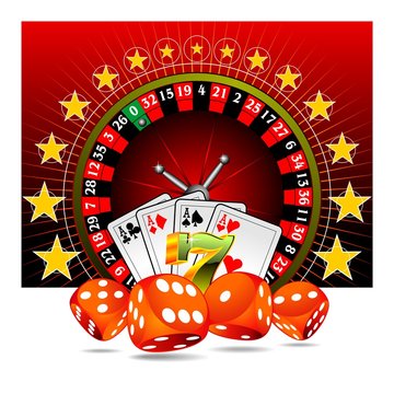 Vector casino illustration with roulette and game elements.