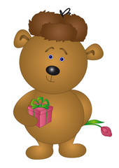 The bear in a cap gives a flower