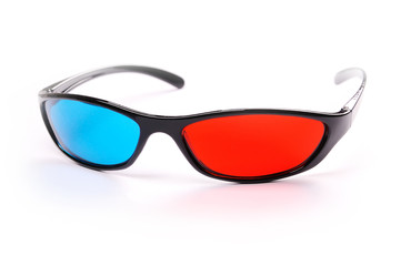 Anaglyph red cyan color 3D glasses white background