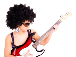 young woman play guitar over white