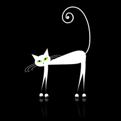 White cat with green eyes on black