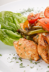 Chicken and roasted vegetable salad.