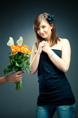 girl receives a flower bouquet