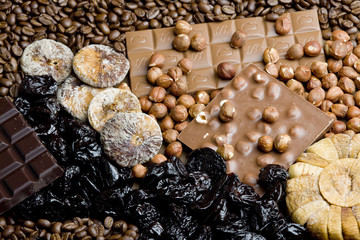 dried fruit with chocolate and coffee beans