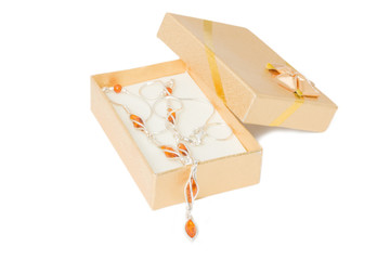 silver necklace with amber in gift box