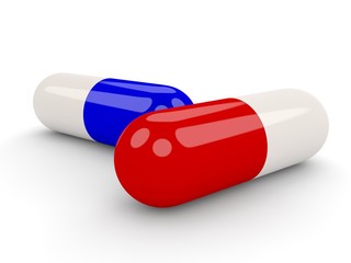 white-blue and white-red pill on white