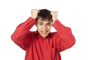 businessman in a red shirt screaming isolated on white