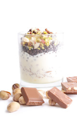 Sweet tasty ice cream in glass. On white background