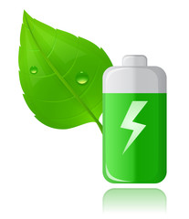 Fototapeta premium Green Battery and Green leaf with drops of water.