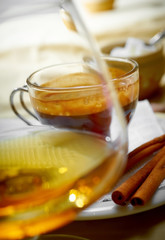 Close up a glass of cognac and coffee