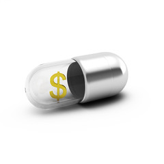 3d render of gold dollar inside silver pill