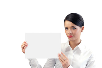 Attractive young businesswoman with copy space sheet