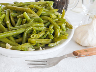Green Beans Salad with fork at Dinner.