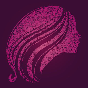 Vector grunge pink illustration of a girl with beautiful hair