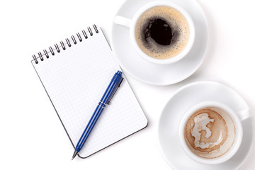 Blank organizer with pen and two coffee cups