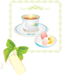 Cup with tea and Easter eggs in the decorative frame with bow