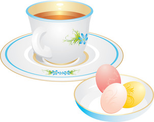 Cup with tea and Easter eggs. Vector