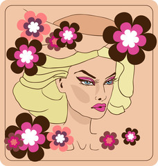 affiche de carte de portrait de femme fleur vintage