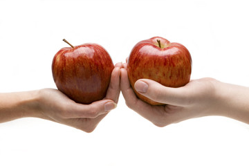Two hands stretch each other apples