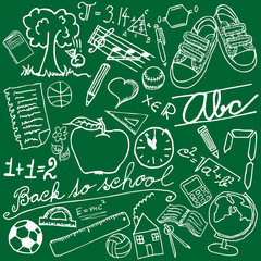 Illustration of school symbols on green background