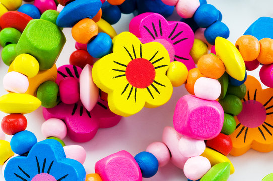 Close up of various colourful bracelets
