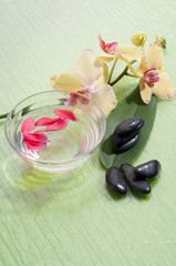 Fototapeta na wymiar bowl with petals on waters and masage stone spa concept