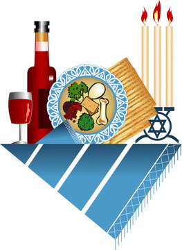 passover seder plate, wine, candles, matzah clip art preview