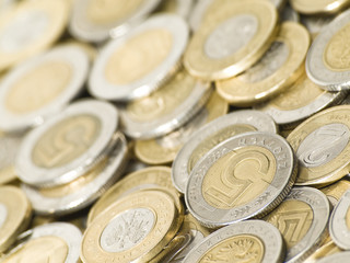 Scattered polish coins. Shallow DOF. Focus on 5.