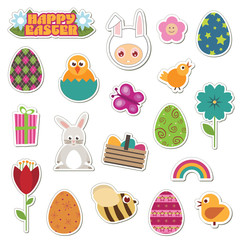 Easter stickers vector clipart set bunny decorated eggs chicks flowers bees isolated on white