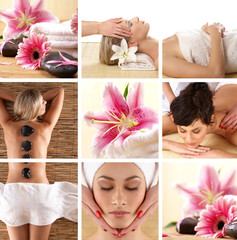 Collage of different spa treatment images with women and flowers