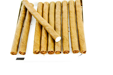 the cigars are in a box.