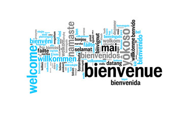 Bienvenue écrit dans plusieurs langues, nuage de mots sur fond blanc