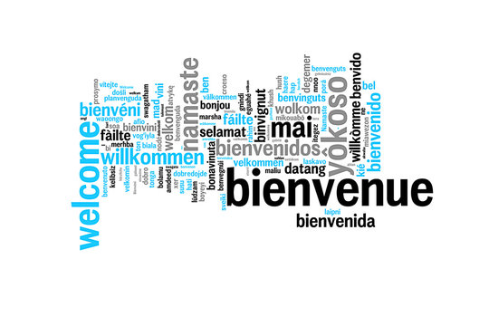 Bienvenue &eacute;crit dans plusieurs langues, nuage de mots sur fond blanc