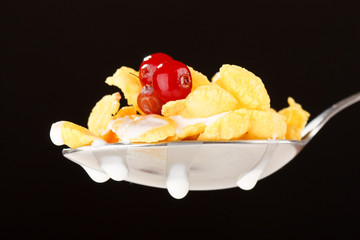 Corn flakes on the spoon with milk.