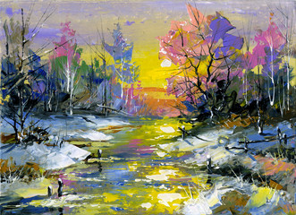 Fototapeta na wymiar Zimowy krajobraz z rzeką drewna
