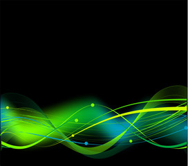 Abstract hi tech black background with green wave lines
