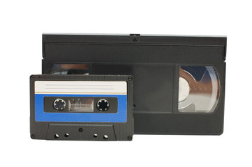 Audiocassette and videocassette isolated on white background