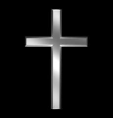 Christian silver cross isolated on black background in 3D