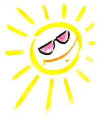 Symbolic sun with sunglasses watercolor painted.