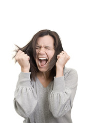 woman screams and pulls her hair in frustration
