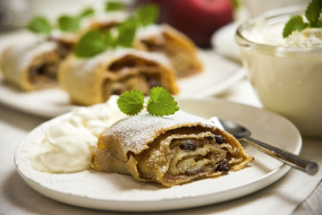 Apple strudel with vanilla ice cream