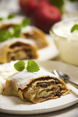 Apple strudel with vanilla ice cream