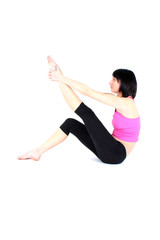 sitting woman in pink t-shirt doing yoga