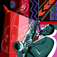 Foto auf Acrylglas Musik Band Saxophonist auf buntem Hintergrund