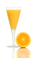 Fresh orange juice with fruit on white background