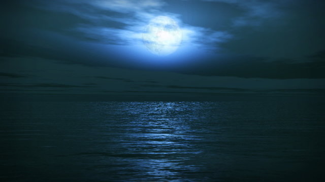 (1162) Blue Full Moon Tropical Ocean Waves Romantic Night Travel