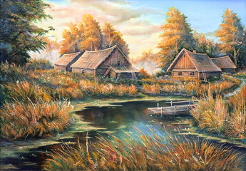 Rural landscape on the bank of the river