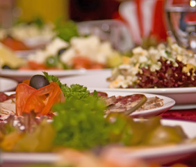 Banquet in the restaurant. Focused on one dish