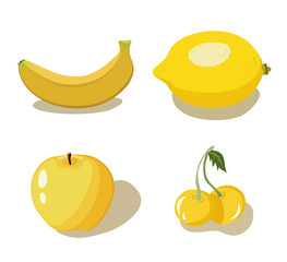 Set of four yellow fruits on white background