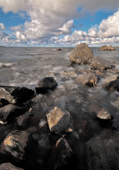 Waves hitting on rocks on archipelago of Bothnia Gulf, Finland.